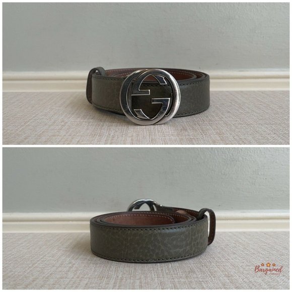 Authentic GUCCI Greenish-Gray Leather Silver Interlocking G Buckle Belt 85/34 main image 8